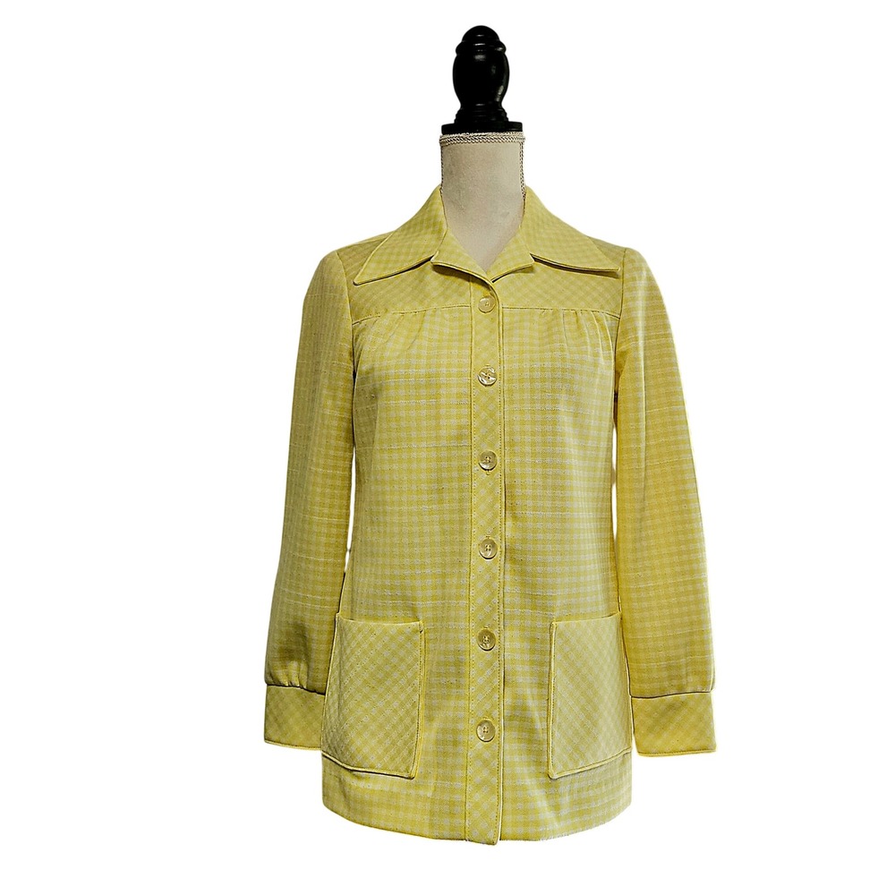 Vintage 70s‎ Retro Bright Yellow Gingham Button Front Knit Shirt Size S Twee